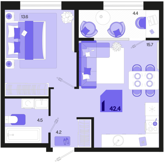 1-комнатная квартира №388 42,4 м2 от застройщика ГК ТОЧНО