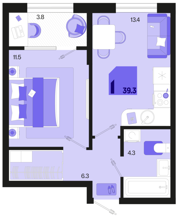 1-комнатная квартира №392 39,3 м2 от застройщика ГК ТОЧНО