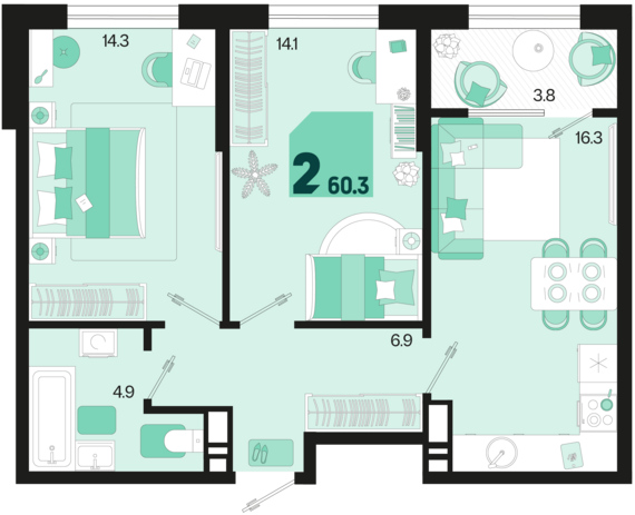 2-комнатная квартира №425 60,3 м2 от застройщика ГК ТОЧНО