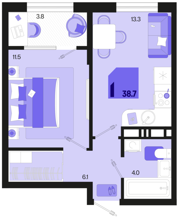 1-комнатная квартира №400 38,7 м2 от застройщика ГК ТОЧНО