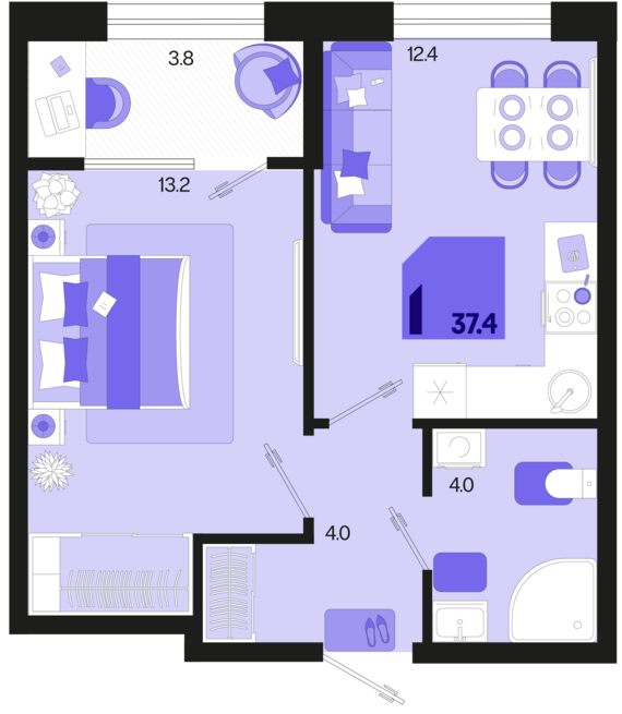 1-комнатная квартира №292 37,4 м2 от застройщика ГК ТОЧНО