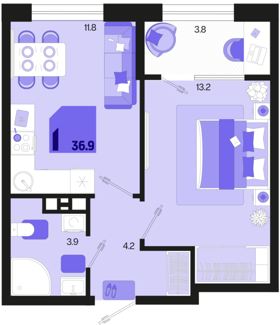 1-комнатная квартира №329 36,9 м2 от застройщика ГК ТОЧНО