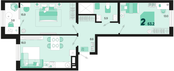 2-комнатная квартира №653 63,2 м2 от застройщика ГК ТОЧНО