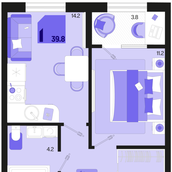 1-комнатная квартира №654 39,8 м2 от застройщика ГК ТОЧНО