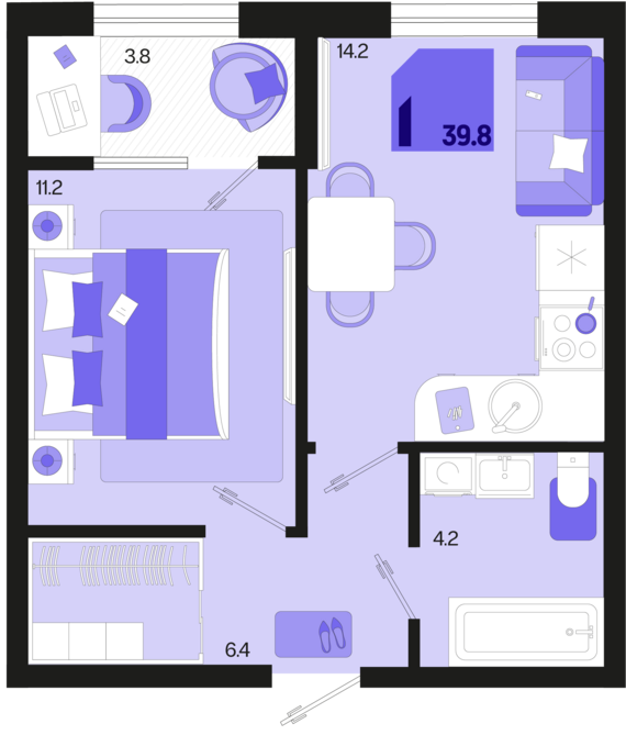 1-комнатная квартира №655 39,8 м2 от застройщика ГК ТОЧНО