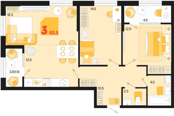 3-комнатная квартира №656 83,5 м2 от застройщика ГК ТОЧНО