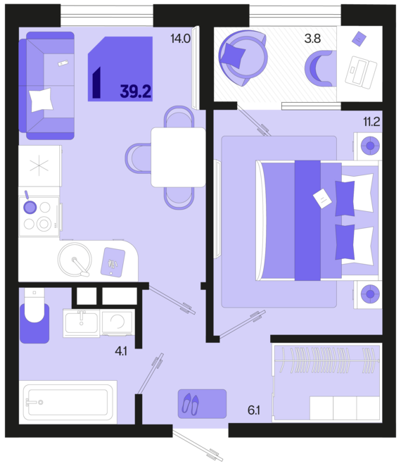 1-комнатная квартира №664 37,3 м2 от застройщика ГК ТОЧНО