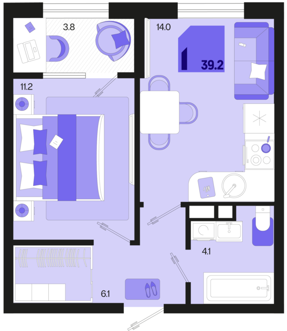 1-комнатная квартира №680 39,2 м2 от застройщика ГК ТОЧНО