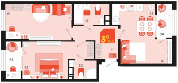 евро 3 к.кв. №672 75,5 м2 от застройщика ГК ТОЧНО