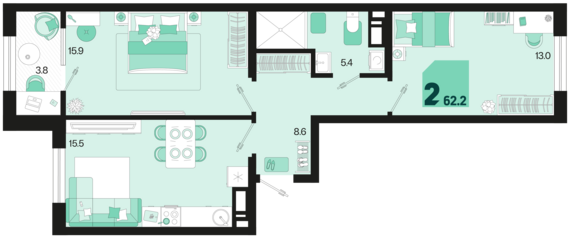 2-комнатная квартира №688 62,2 м2 от застройщика ГК ТОЧНО