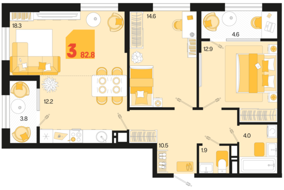3-комнатная квартира №690 82,8 м2 от застройщика ГК ТОЧНО