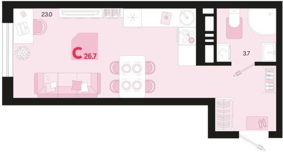Студия №600 26,7 м2 от застройщика ГК ТОЧНО
