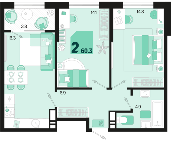 2-комнатная квартира №606 60,3 м2 от застройщика ГК ТОЧНО
