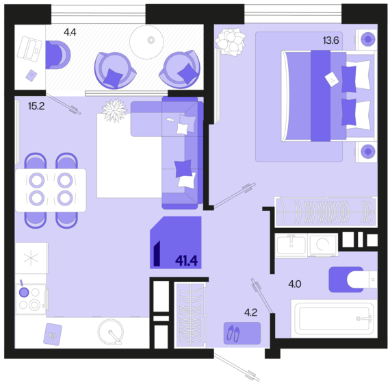 1-комнатная квартира №649 41,4 м2 от застройщика ГК ТОЧНО