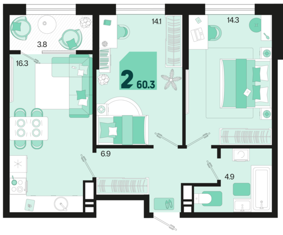 2-комнатная квартира №652 60,3 м2 от застройщика ГК ТОЧНО