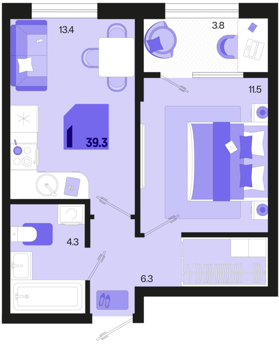 1-комнатная квартира №519 39,3 м2 от застройщика ГК ТОЧНО