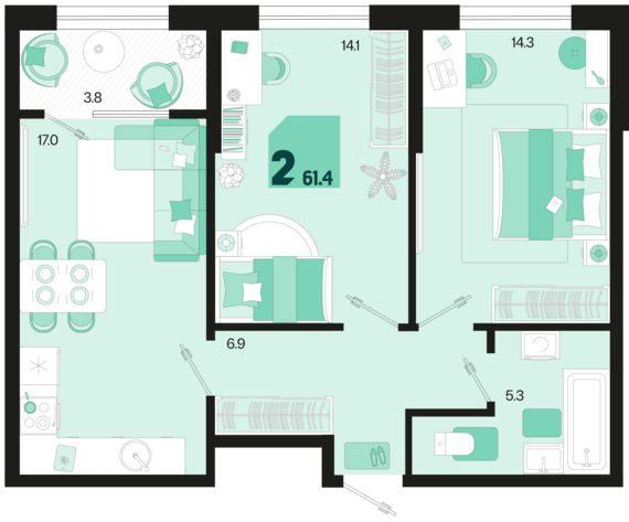 2-комнатная квартира №526 61,4 м2 от застройщика ГК ТОЧНО