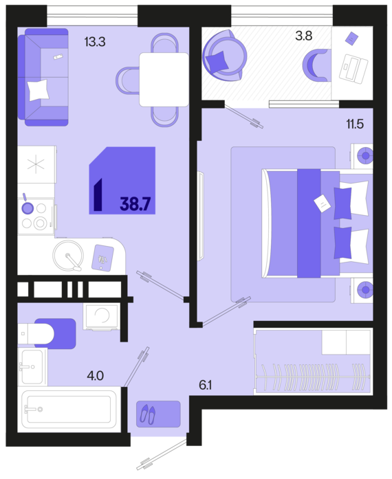 1-комнатная квартира №551 38,7 м2 от застройщика ГК ТОЧНО