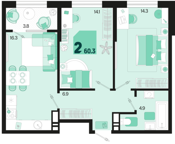 2-комнатная квартира №574 60,3 м2 от застройщика ГК ТОЧНО