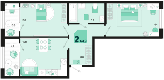 2-комнатная квартира №692 64,9 м2 от застройщика ГК ТОЧНО
