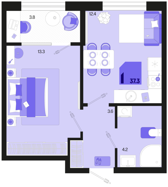 1-комнатная квартира №693 37,3 м2 от застройщика ГК ТОЧНО