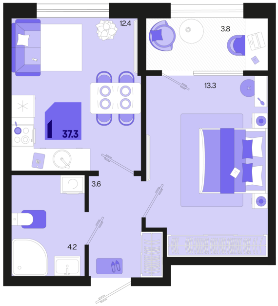 1-комнатная квартира №694 37,3 м2 от застройщика ГК ТОЧНО