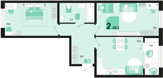 2-комнатная квартира №695 65,3 м2 от застройщика ГК ТОЧНО