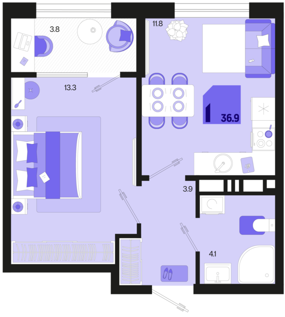 1-комнатная квартира №713 36,9 м2 от застройщика ГК ТОЧНО