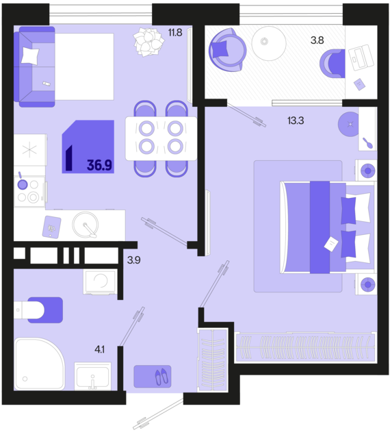 1-комнатная квартира №714 36,9 м2 от застройщика ГК ТОЧНО