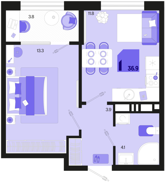 1-комнатная квартира №721 36,9 м2 от застройщика ГК ТОЧНО