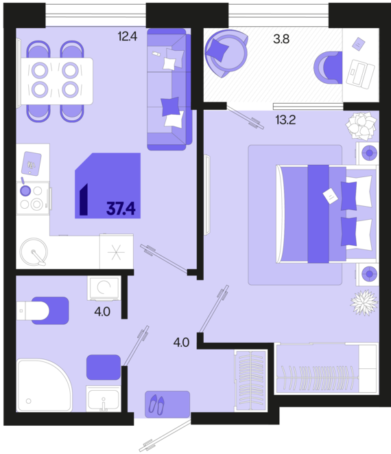 1-комнатная квартира №254 37,4 м2 от застройщика ГК ТОЧНО
