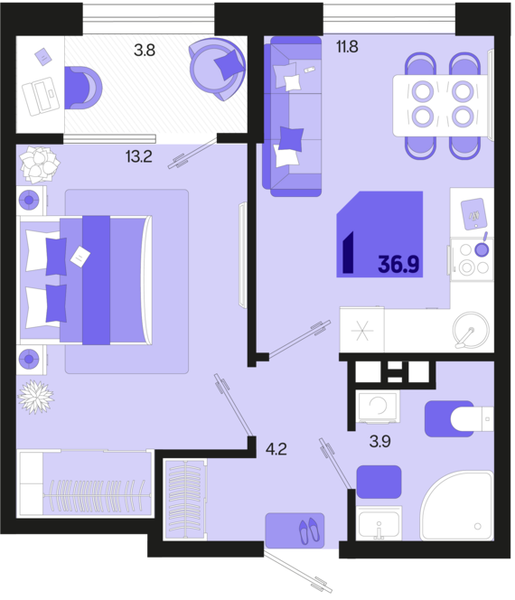 1-комнатная квартира №267 36,9 м2 от застройщика ГК ТОЧНО