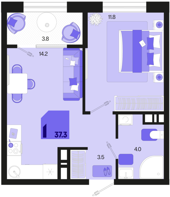 1-комнатная квартира №288 37,3 м2 от застройщика ГК ТОЧНО