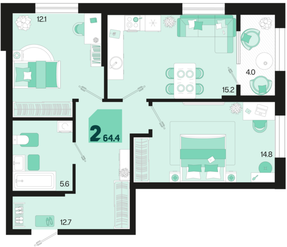 2-комнатная квартира №1 64,4 м2 от застройщика ГК ТОЧНО