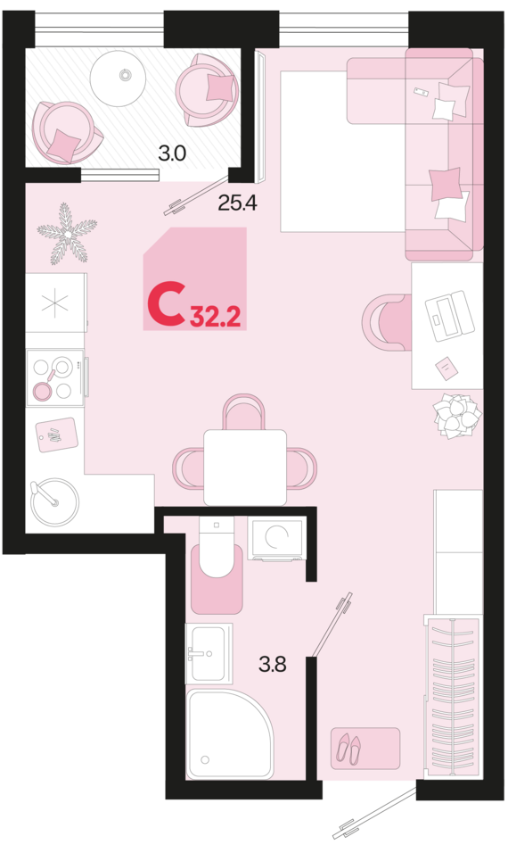 Студия №2 32,2 м2 от застройщика ГК ТОЧНО