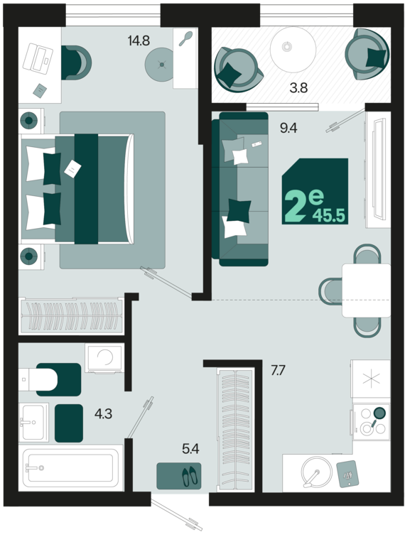 евро 2 к.кв. №6 45,5 м2 от застройщика ГК ТОЧНО
