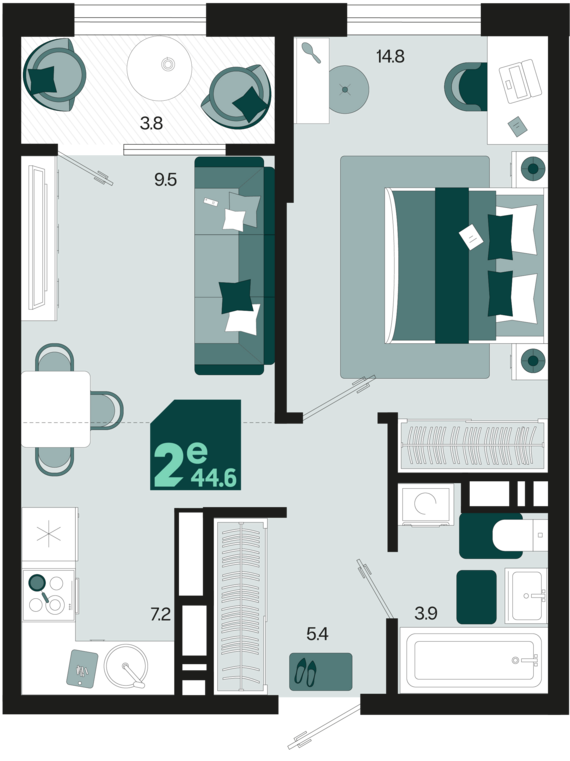 евро 2 к.кв. №43 44,6 м2 от застройщика ГК ТОЧНО