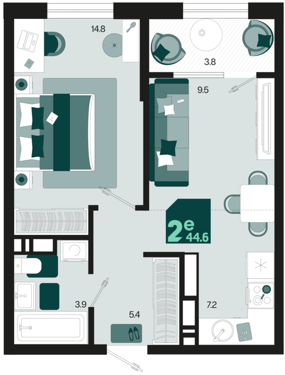 евро 2 к.кв. №38 44,6 м2 от застройщика ГК ТОЧНО