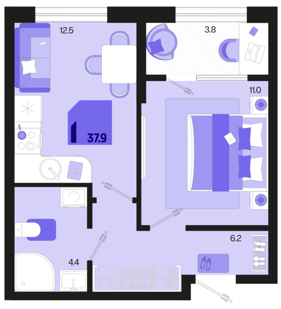 1-комнатная квартира №534 37,9 м2 от застройщика ГК ТОЧНО