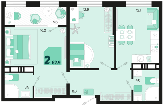 2-комнатная квартира №530 62,9 м2 от застройщика ГК ТОЧНО