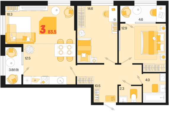 3-комнатная квартира №311 83,5 м2 от застройщика ГК ТОЧНО