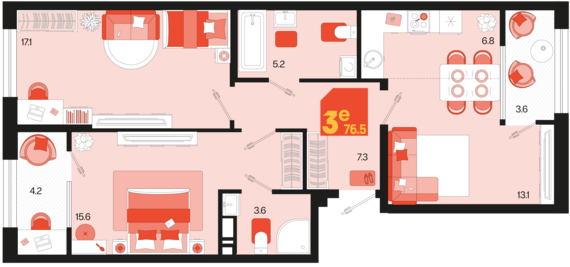 евро 3 к.кв. №312 76,5 м2 от застройщика ГК ТОЧНО