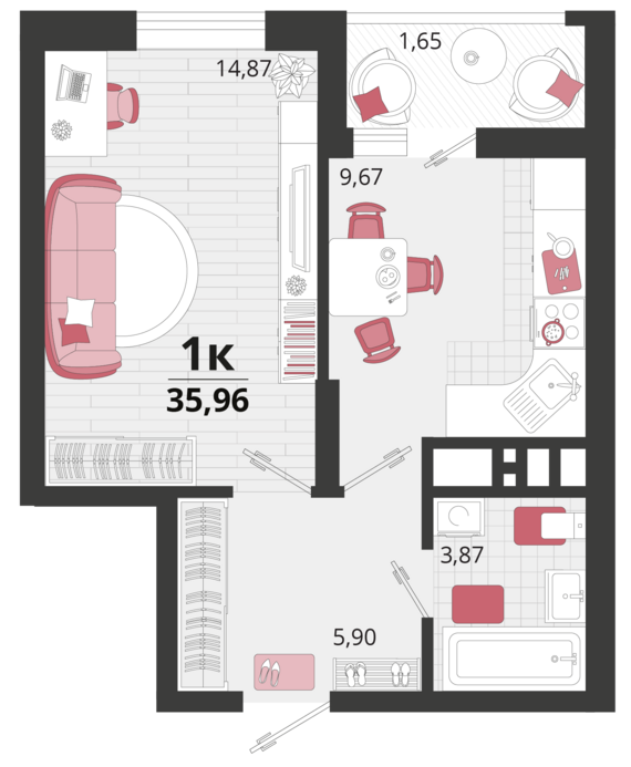 1-комнатная квартира №52 35,96 м2 от застройщика ГК ТОЧНО