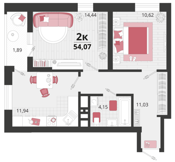 2-комнатная квартира №141 54,07 м2 от застройщика ГК ТОЧНО