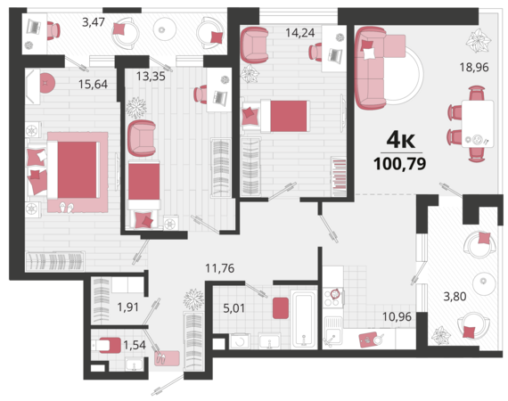 4-комнатная квартира №177 100,79 м2 от застройщика ГК ТОЧНО