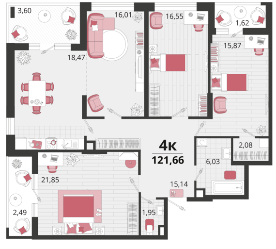 4-комнатная квартира №182 121,66 м2 от застройщика ГК ТОЧНО