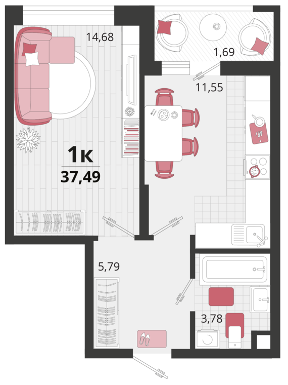 1-комнатная квартира №179 37,49 м2 от застройщика ГК ТОЧНО