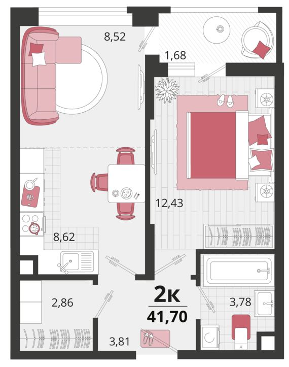 2-комнатная квартира №180 41,7 м2 от застройщика ГК ТОЧНО
