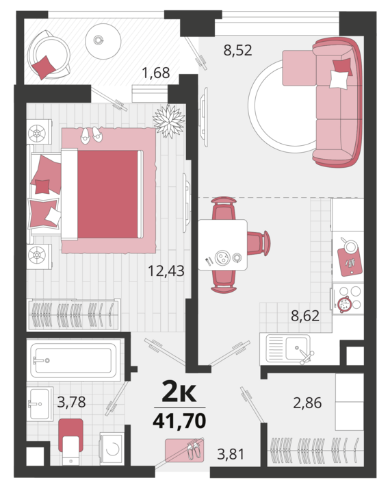 2-комнатная квартира №181 41,7 м2 от застройщика ГК ТОЧНО