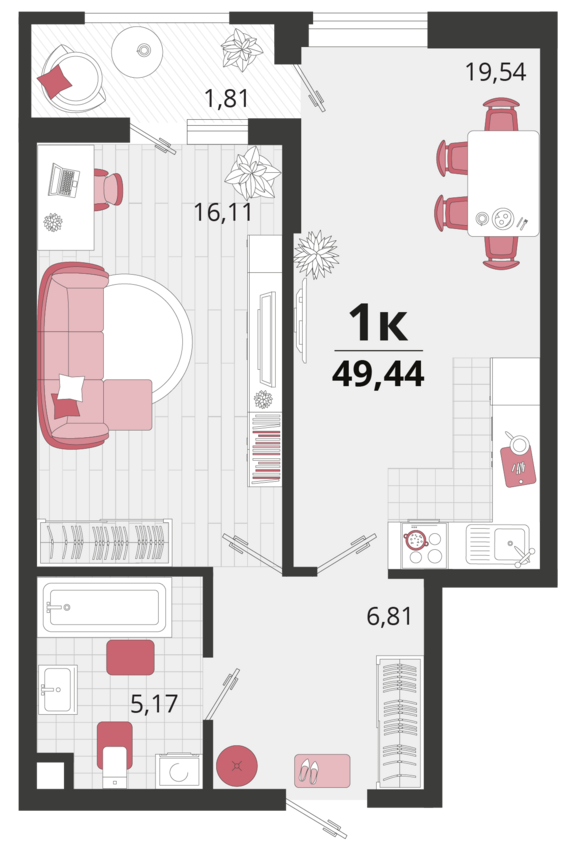 1-комнатная квартира №184 49,44 м2 от застройщика ГК ТОЧНО
